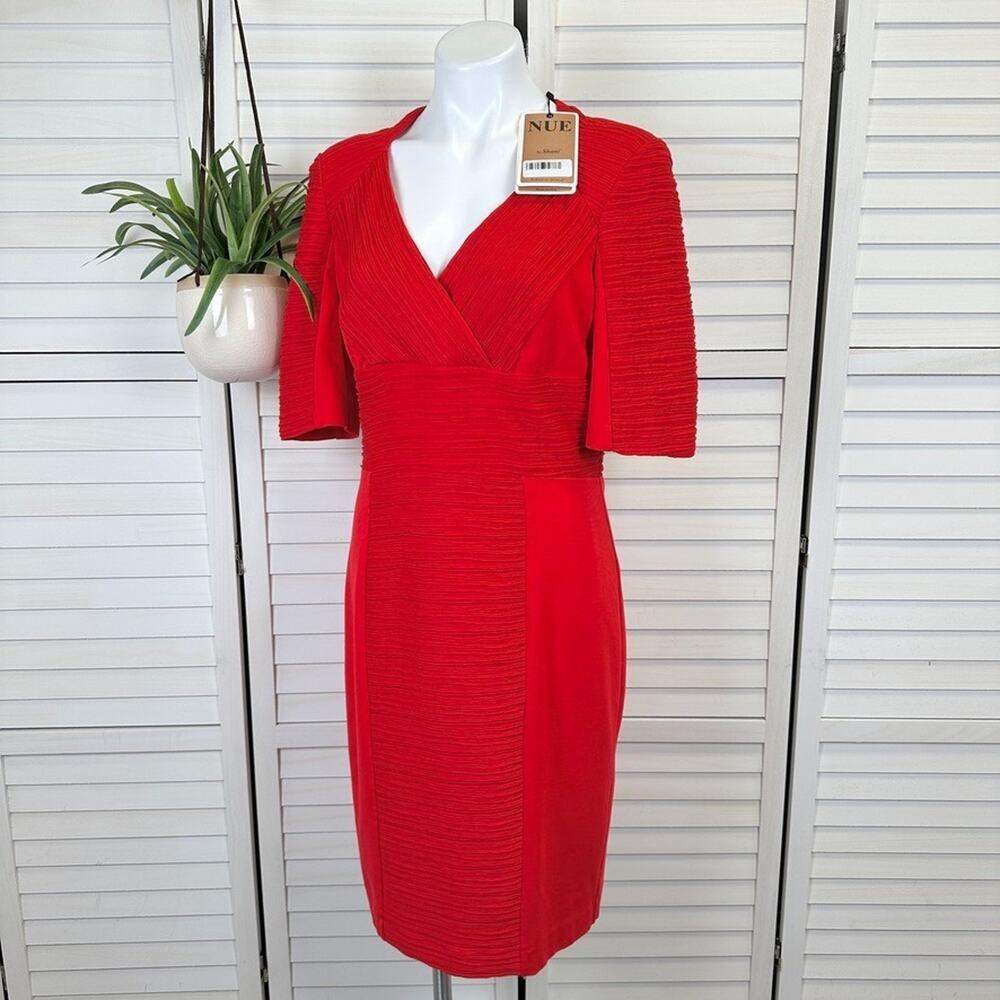 New NUE by Shani Red Ottoman Sheath Dress Ponte Knit Surplice V-Neck‎ Size 12